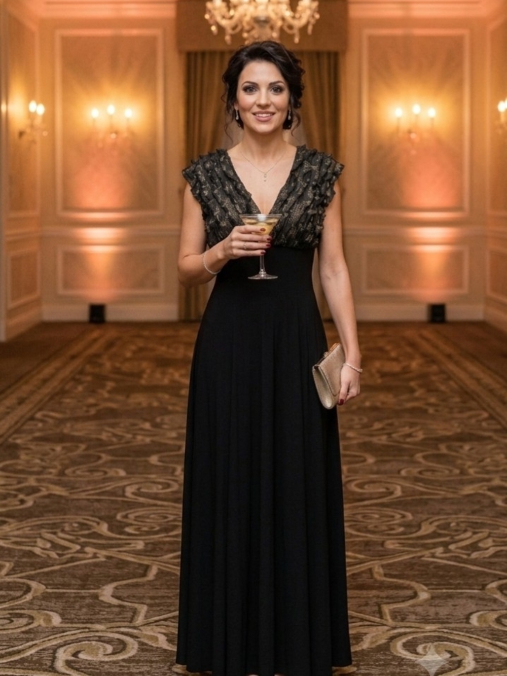 Connected Apparel V-neck Black Size 8 Evening Gown